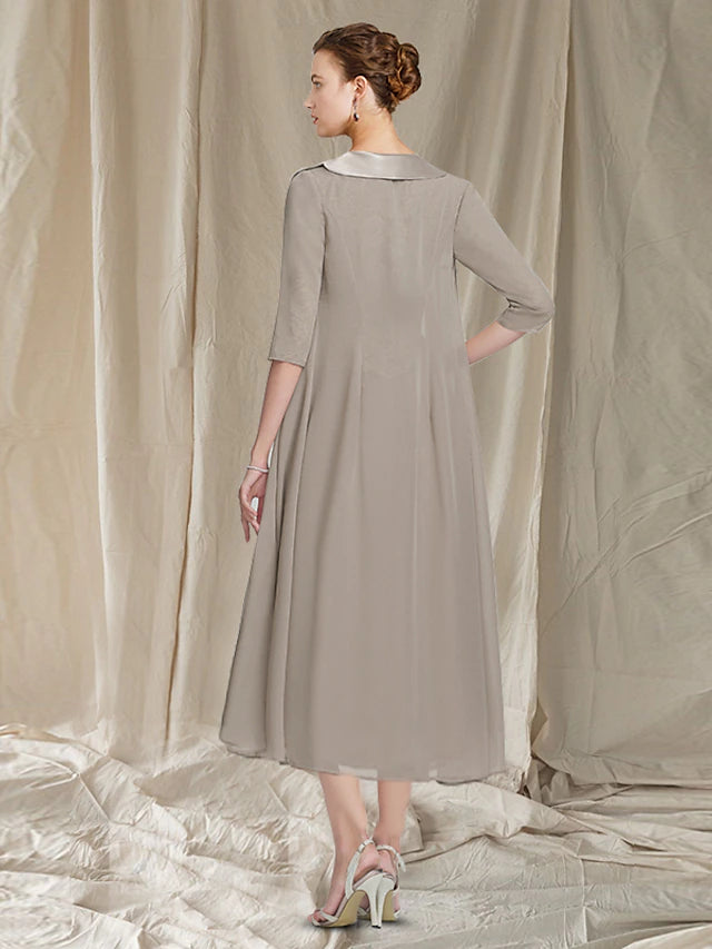 Luolandi Two Piece A-Line Mother of the Bride Dress Church Elegant Jewel Neck Tea Length Chiffon Lace Half Sleeve Jacket Dresses