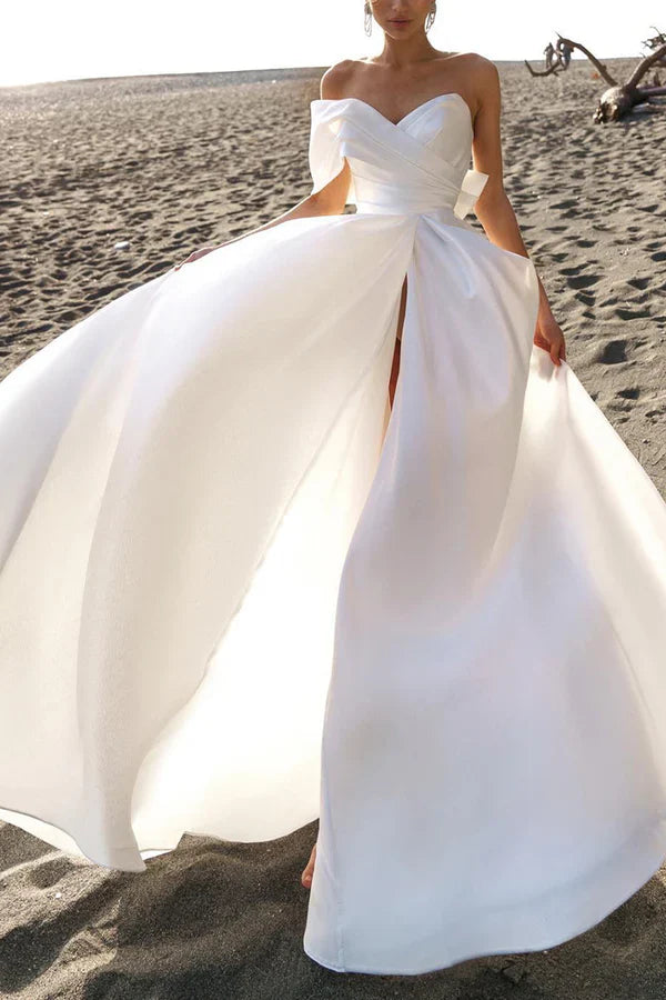 Luolandi Leisure wedding dress in the lobby one shoulder satin pleated simple bride dress With Slit