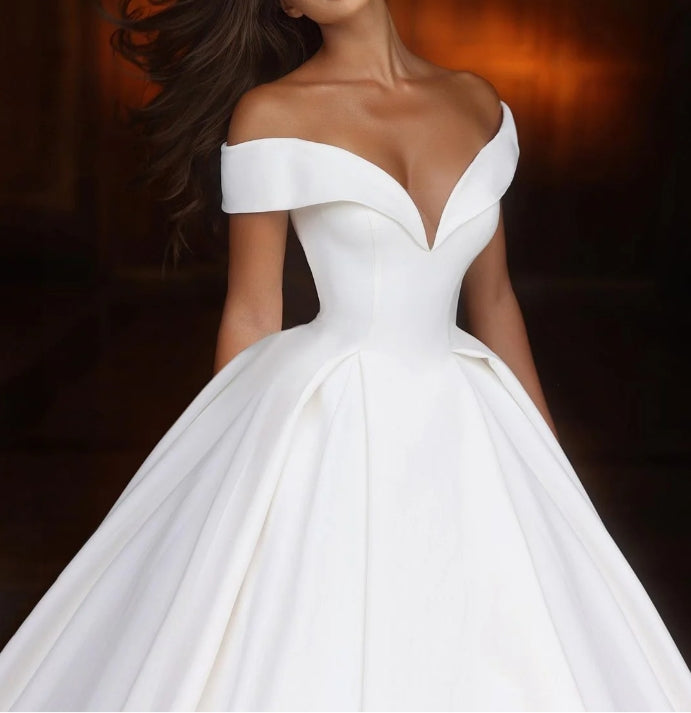 Luolandi Classic Wedding Dress Ball Gown Off The Shoulder Satin Bridal Gown Solid Color Elegant