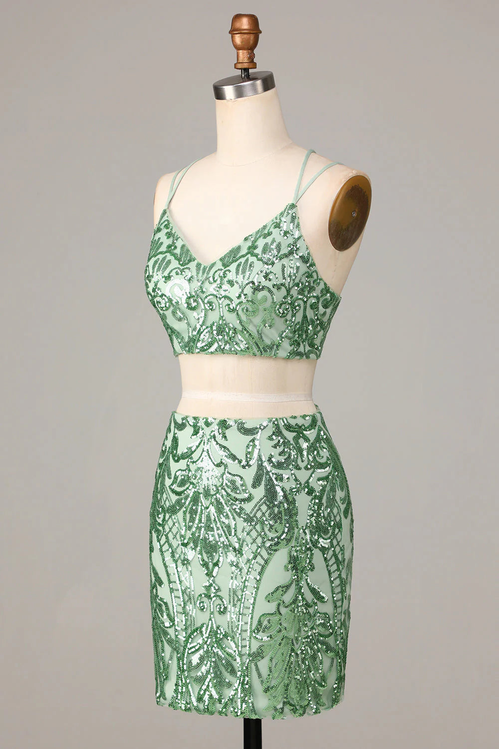 Luolandi Two Piece Spaghetti Straps Green Sequins Short Homecoming Dress Sexy