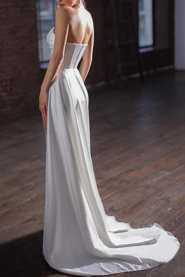 Luolandi Satin strapless sleeveless pleated side slit trailing wedding dress Off Shoulder Sexy