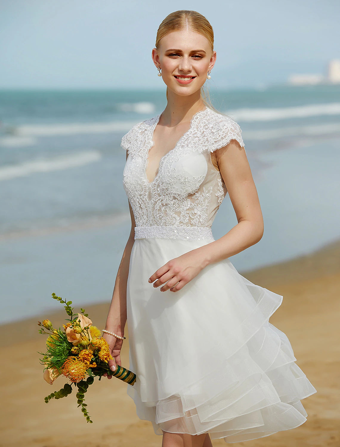 Luolandi Wedding Dresses A-Line V Neck Sleeveless Knee Length Tulle Bridal Gowns With Ribbon Beading