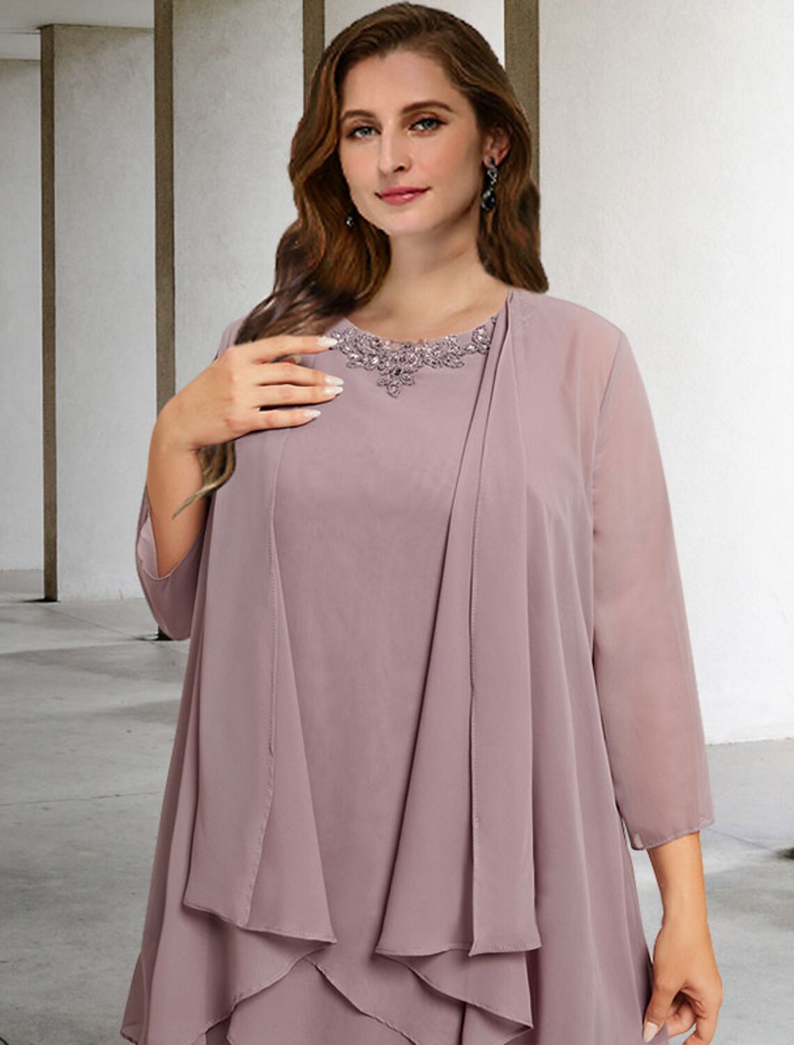 Luolandi Two Piece A-Line Mother of the Bride Dresses Plus Size Hide Belly Curve Elegant Dress Formal Floor Length Sleeveless Jewel Neck Chiffon with Sequin