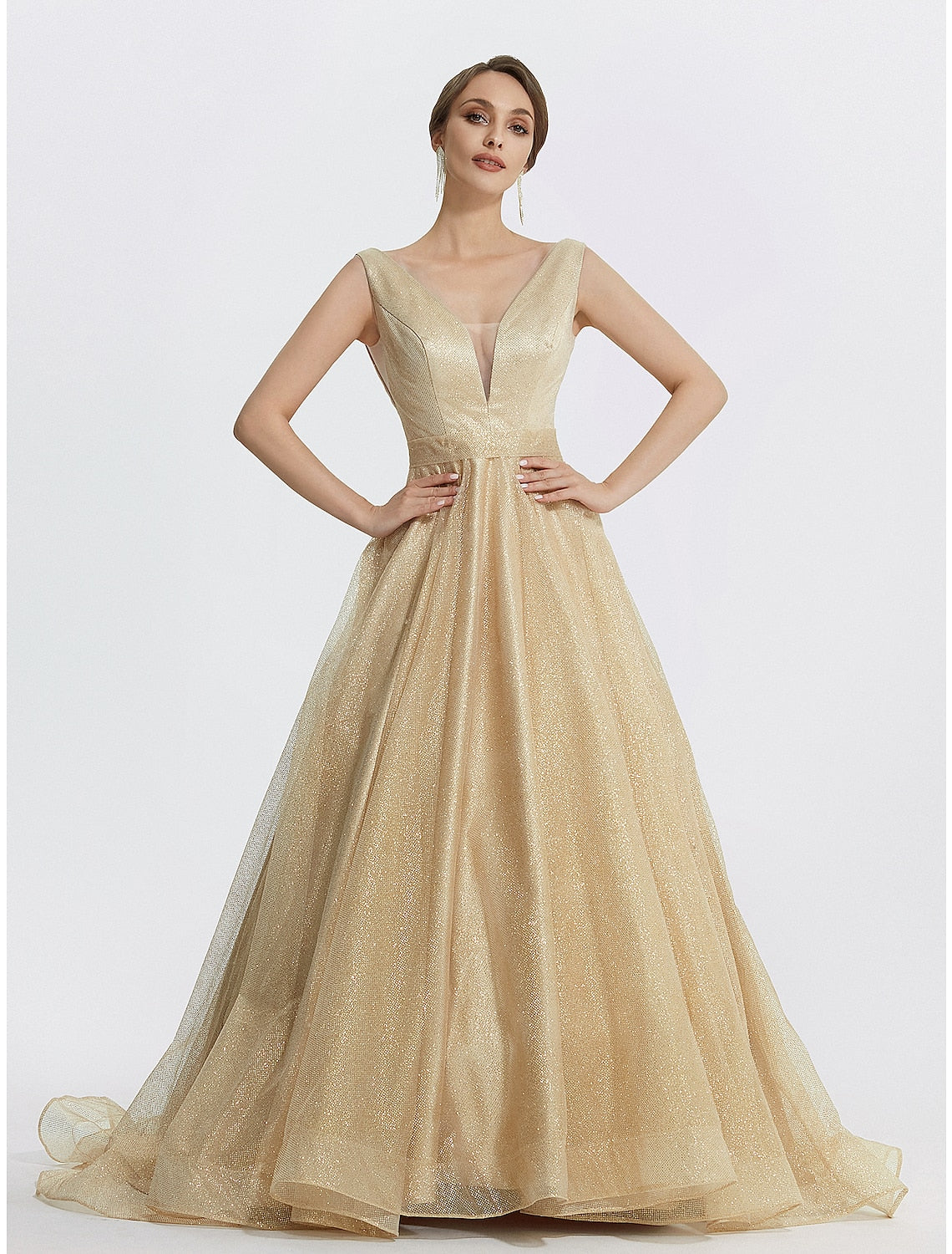 Luolandi Ball Gown Prom Dresses Sparkle Dress Wedding Quinceanera Floor Length Sleeveless V Neck Tulle