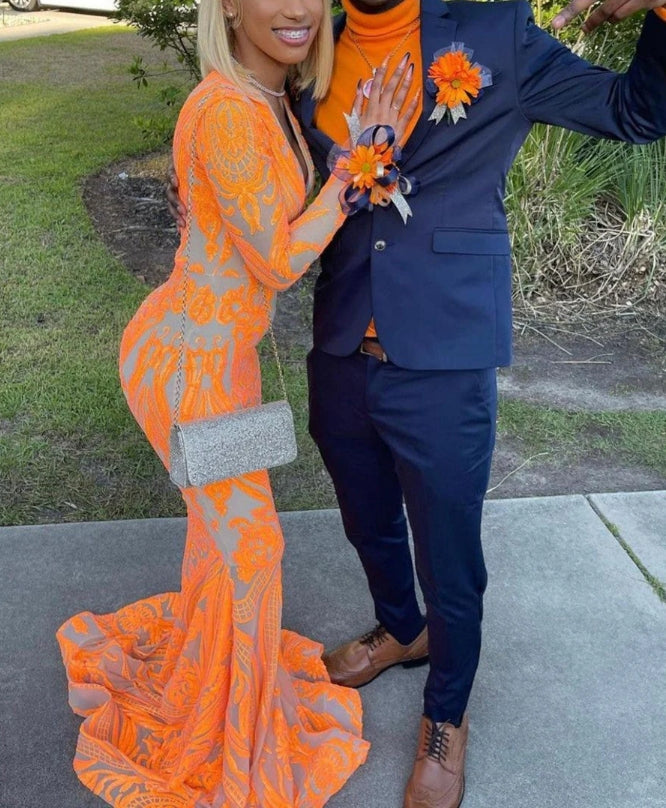 Luolandi Gorgeous Mermaid V Neck Orange Sparkle Prom Dress Floor Length Long Sleeves Evening Dress