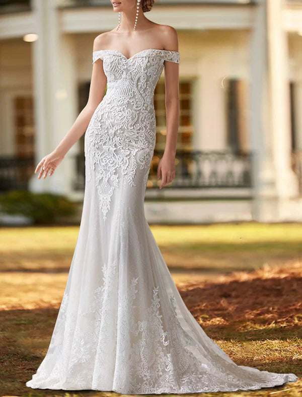 Luolandi Engagement Formal Wedding Dresses Two Piece Off Shoulder Cap Sleeve Court Train Satin Bridal Gowns With Beading Appliques Elegant