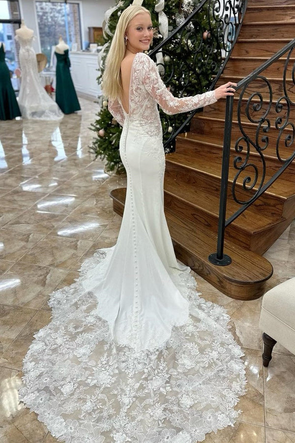 Luolandi Elegant Mermaid V-neck Bridal Gown with Appliques Long Sleeves Beautiful Wedding Dresses