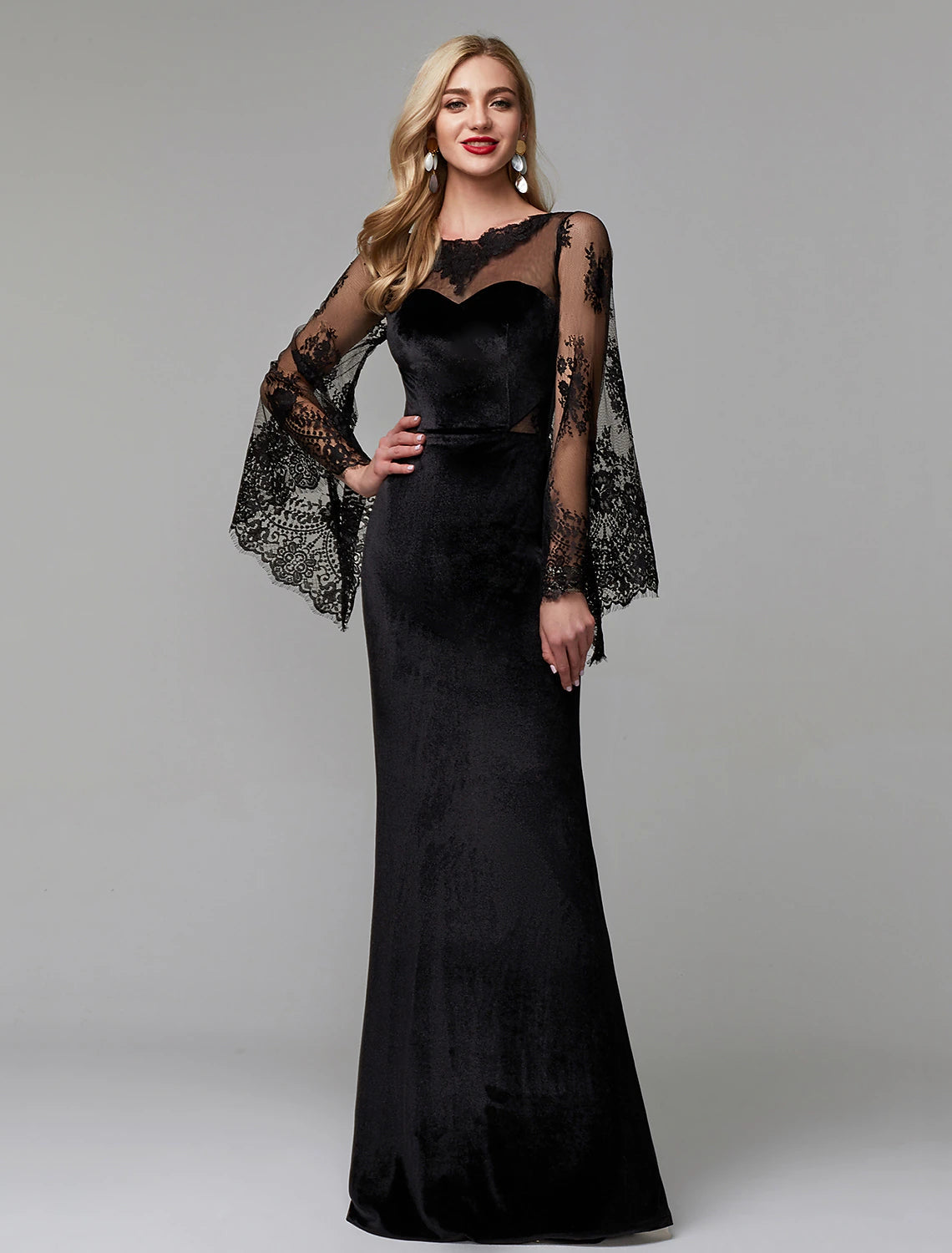 Luolandi Sheath / Column Elegant Dress Wedding Guest Floor Length Long Sleeve Illusion Neck Lace