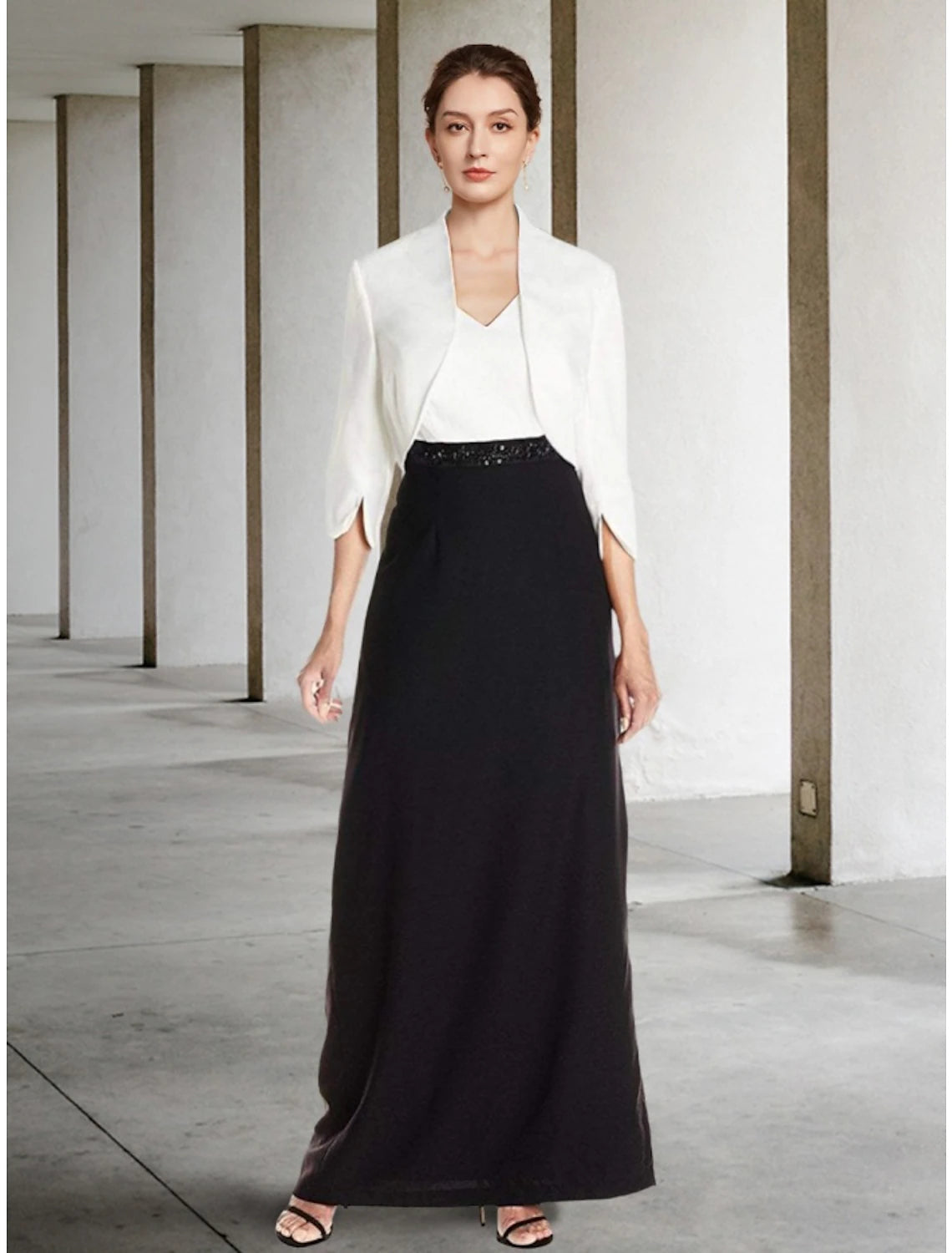 Luolandi Two Piece Sheath / Column Mother of the Bride Dress Wedding Guest Elegant Black Dress V Neck Ankle Length Chiffon Half Sleeve with Sequin Split