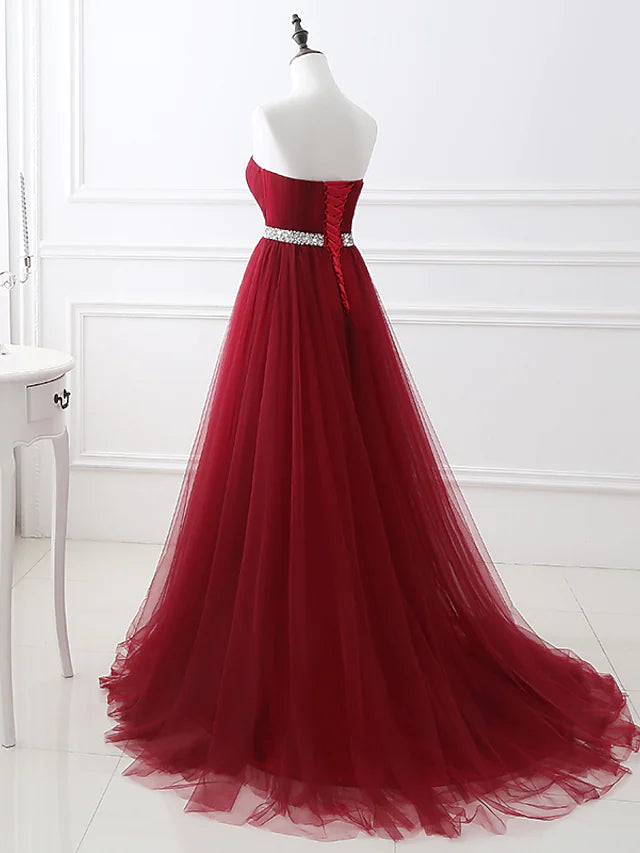 Luolandi A-Line Elegant Quinceanera Prom Valentine's Day Dress Strapless Sleeveless Chapel Train Satin