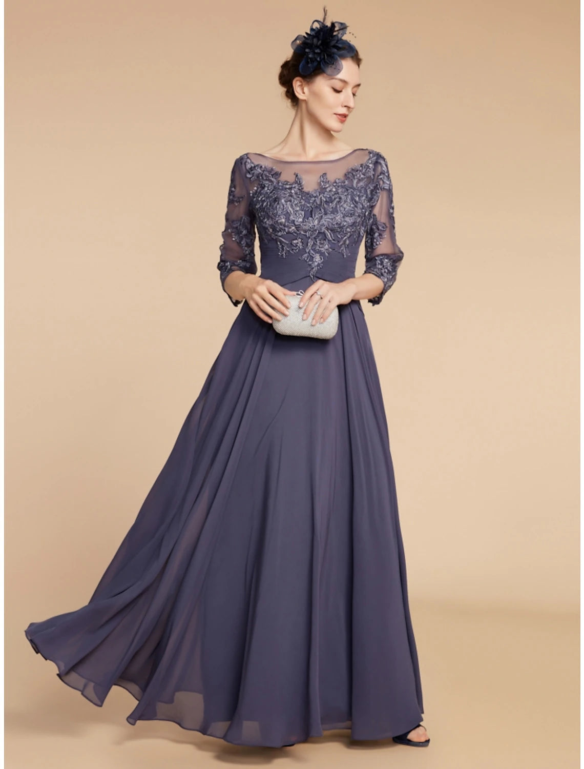 Luolandi A-Line Mother of the Bride Dress Wedding Guest Elegant Scoop Neck Floor Length Chiffon Lace 3/4 Length Sleeve with Ruching