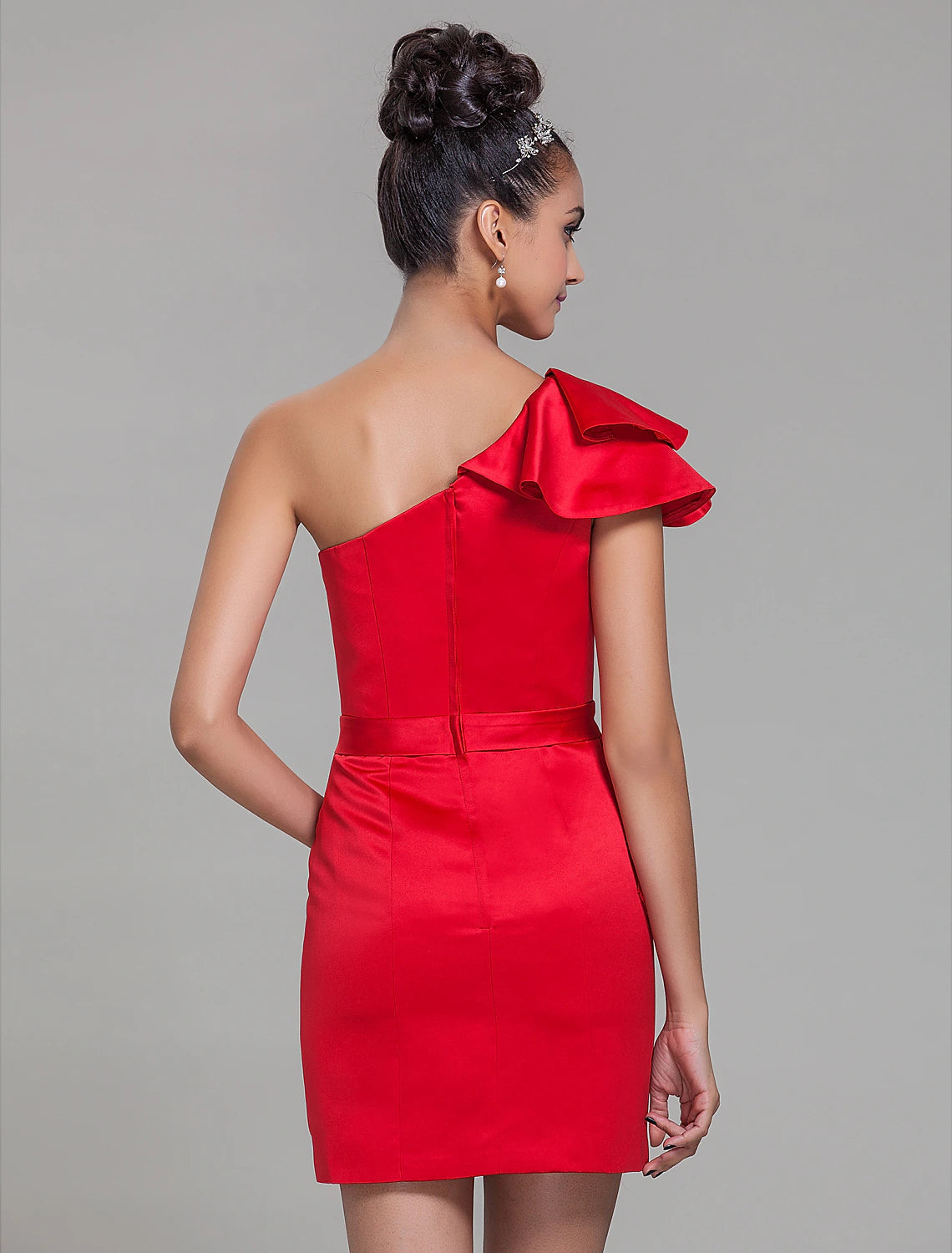 Luolandi Sheath / Column One Shoulder Short / Mini Satin Bridesmaid Dress with Sash / Ribbon