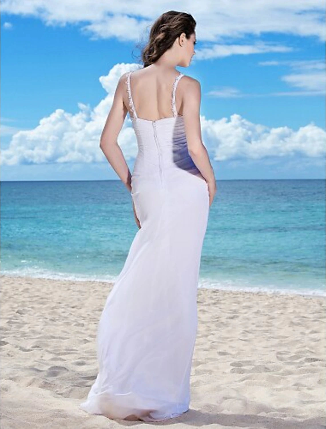 Luolandi Beach Wedding Dresses Sheath / Column Spaghetti Strap Sleeveless Floor Length Chiffon Bridal Gowns With Ruched