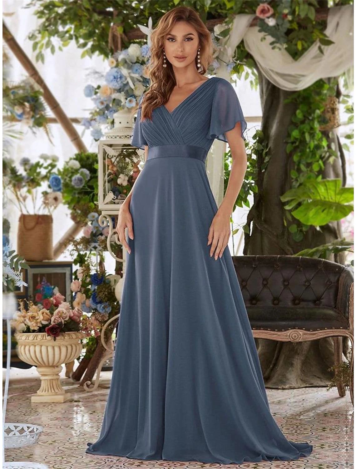 Luolandi A-Line Evening Gown Empire Dress Wedding Guest Formal Evening Floor Length Short Sleeve V Neck Bridesmaid Dress Chiffon V Back