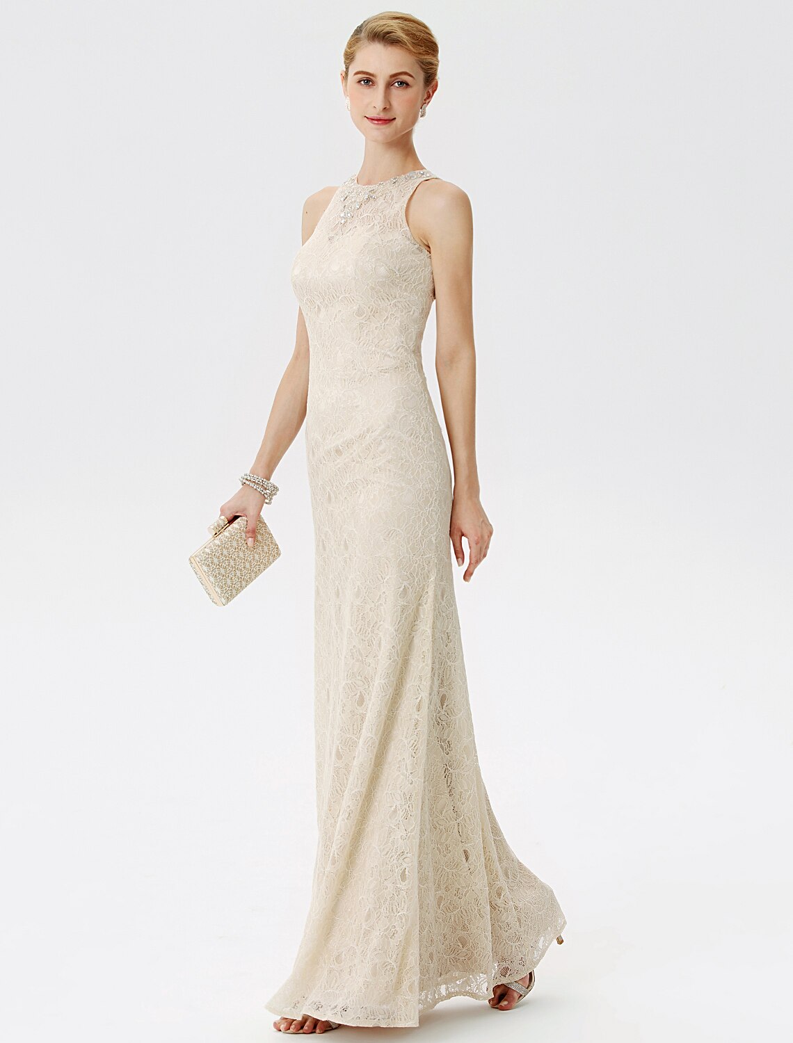 Luolandi Sheath / Column Mother of the Bride Dress Elegant See Through Illusion Neck Floor Length Lace Sleeveless with Crystals