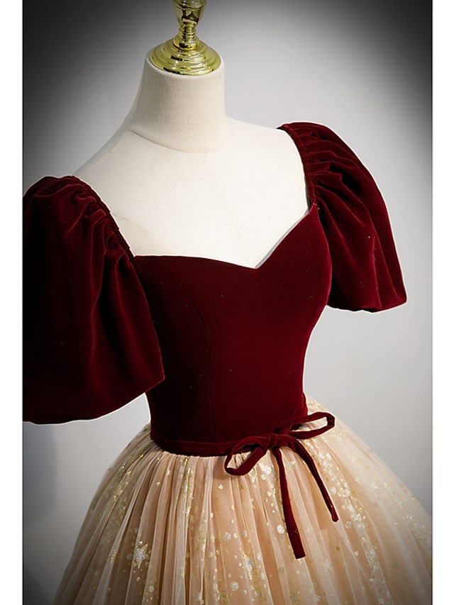 Luolandi A-Line Prom Dresses Princess Dress Engagement Floor Length Short Sleeve Sweetheart Tulle with Bow(s)