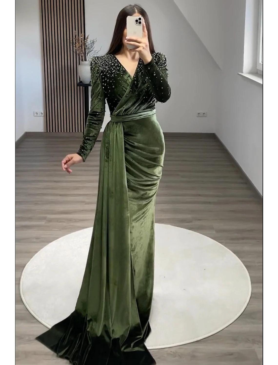 Luolandi Mermaid / Trumpet Evening Gown Elegant Dress Formal Black Tie Gala Floor Length Long Sleeve V Neck Fall Wedding Guest Velvet with Ruched