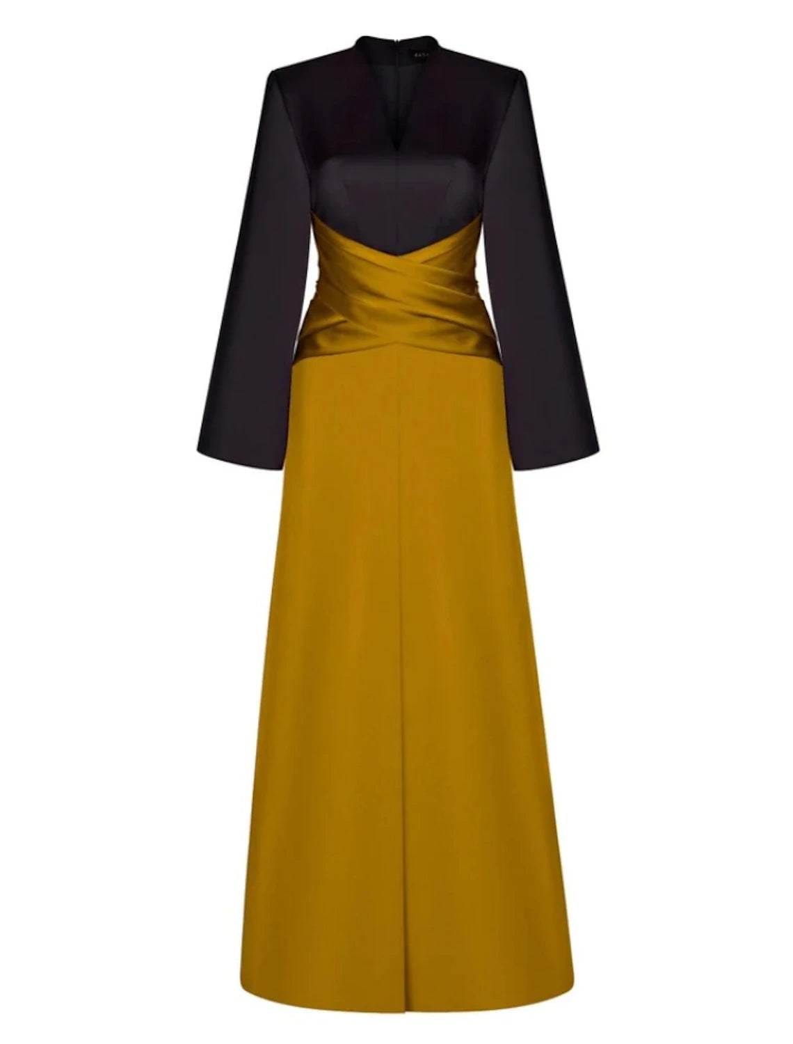 Luolandi A-Line Evening Gown Elegant Dress Formal Floor Length Long Sleeve V Neck Satin with Pleats