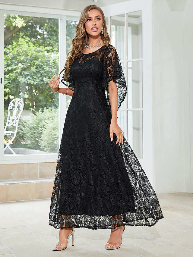 Luolandi A-Line Wedding Guest Dresses Elegant Dress Party Wear Ankle Length Half Sleeve Jewel Neck Lace with Ruffles