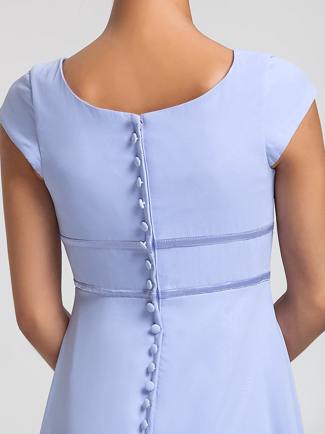 Luolandi Sheath / Column Bridesmaid Dress Square Neck Short Sleeve Elegant Floor Length Chiffon with Sash / Ribbon