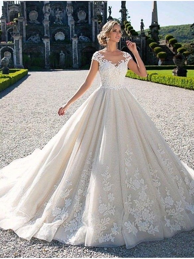Luolandi Engagement Open Back Sexy Formal Wedding Dresses Chapel Train Ball Gown Cap Sleeve Illusion Neck Lace