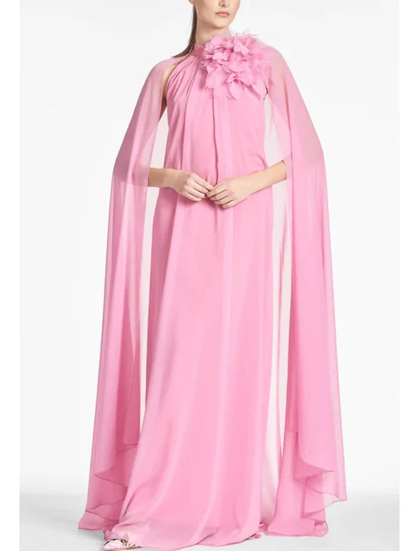 Luolandi A-Line Evening Gown Elegant Dress Formal Prom Floor Length Sleeveless Jewel Neck Chiffon with Shouder Flower Pink Wedding Guest Dress