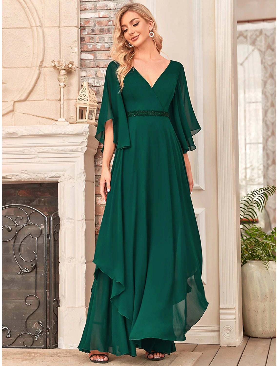 Luolandi A-Line Mother of the Bride Dress Elegant V Neck Floor Length Chiffon Half Sleeve with Sash