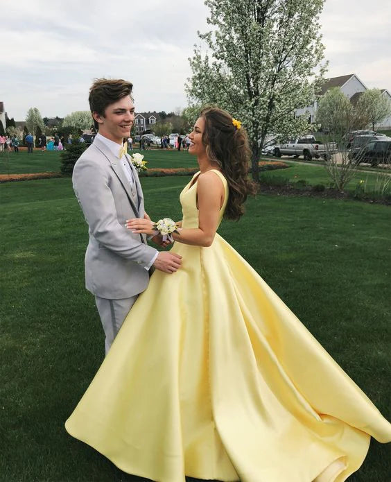 Luolandi Yellow Satin V Neck A-Line Long Prom Dress Formal Party Dress Elegant Evening Dress