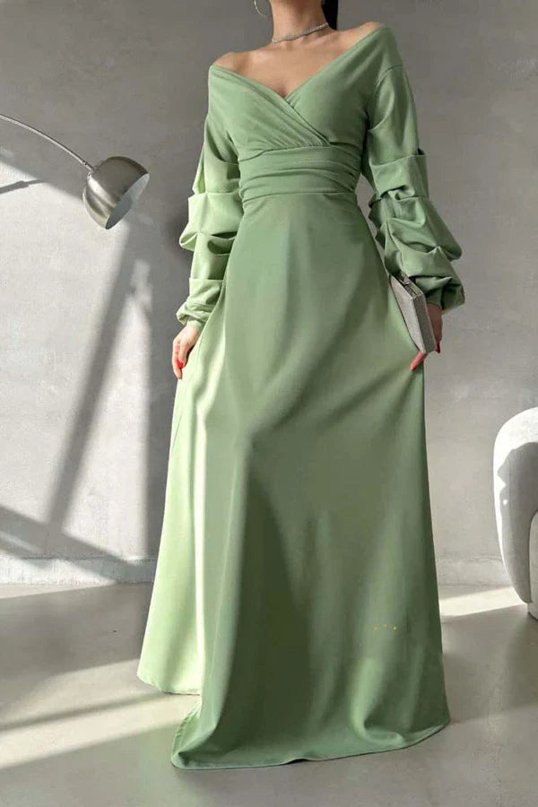 Luolandi Minimalist A-line V-neck off shoulder bubble sleeves long dance party evening dress Sexy