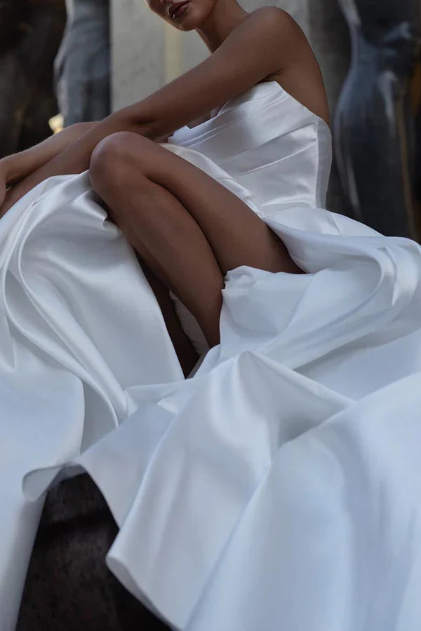 Luolandi Satin A-shaped strapless sleeveless side slit wedding dress Off Shoulder Sexy