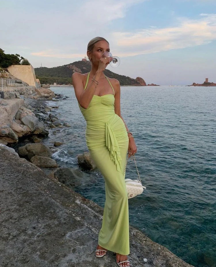 Luolandi Green Halter Backless Sheath Long Prom Dress Wedding Guest Dress Party Dress