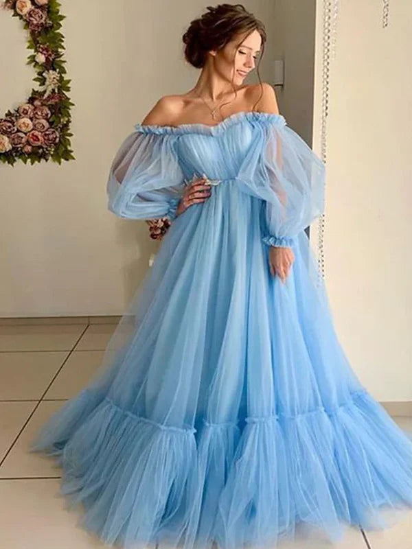 Luolandi A-Line Minimalist Elegant Engagement Prom Dress Off Shoulder Long Sleeve Floor Length Tulle