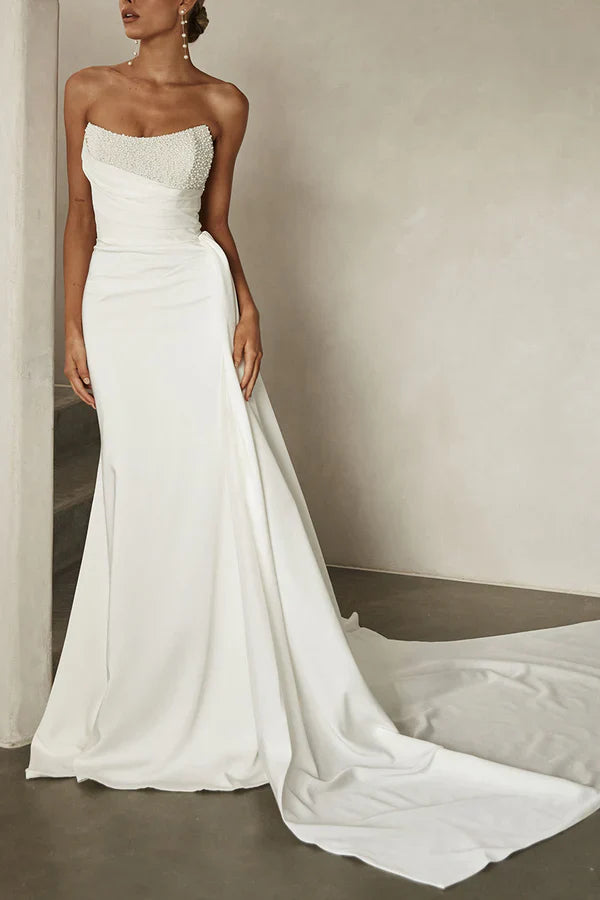 Luolandi Unique strapless pearl satin pleated bohemian wedding dress Off Shoulder Sexy