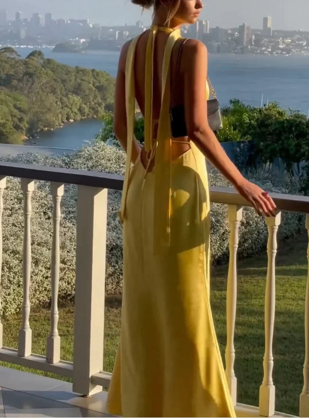 Luolandi Yellow Halter Backless Satin Elegant Long Party Dress Sexy Evening Dress