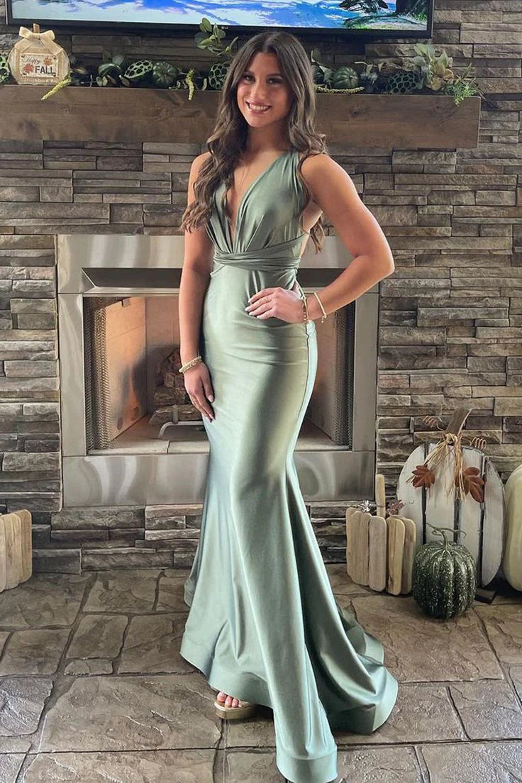Luolandi Sage Green Elegant V Neck Mermaid Backless Evening Dress Long Prom Dress Party Dress
