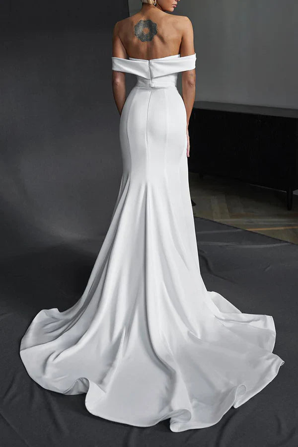 Luolandi Mermaid/Horn Shoulder Strap Wedding Dress Satin Pleated Side Split Bohemian Bridal Dress Sexy