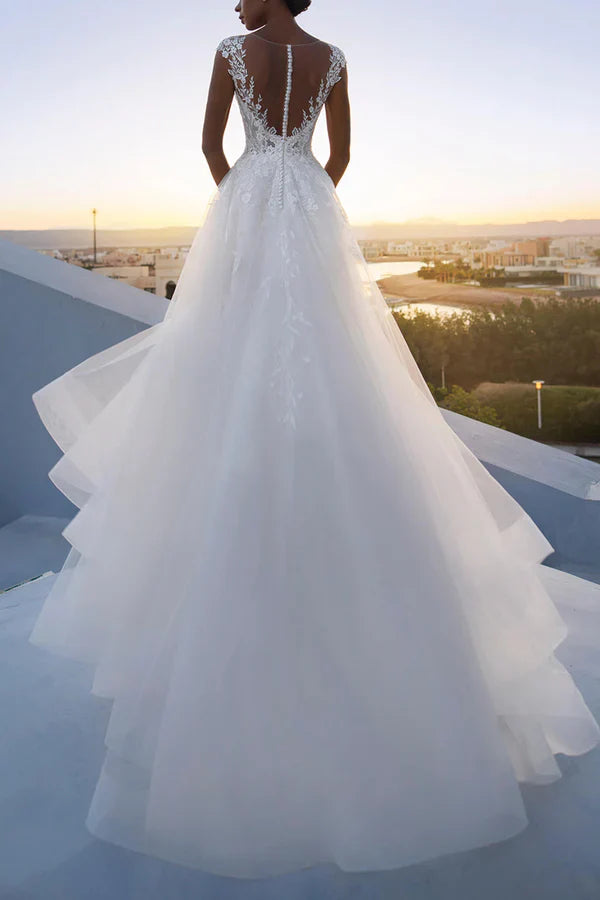 Luolandi A-line illusion collar lace decal rural wedding dress Beautiful