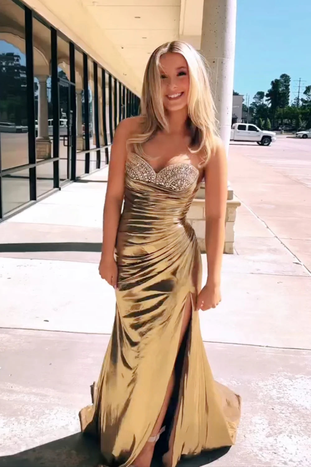 Luolandi Golden Mermaid Strapless Long Prom Dress With Slit Sexy Evening Dress