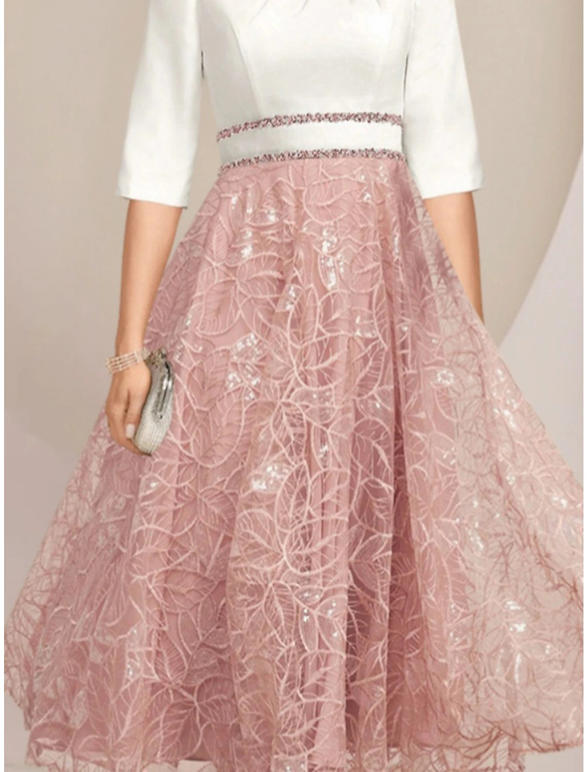 Luolandi A-Line Mother of the Bride Dress Wedding Guest Elegant Petite Scoop Neck Tea Length Chiffon Lace Half Sleeve with Sequin