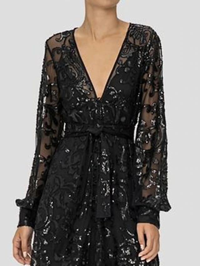 Luolandi A-Line Mother of the Bride Dress Wedding Guest Elegant Sparkle & Shine V Neck Floor Length Lace Sequined Sleeve with Sequin Appliques Split Front