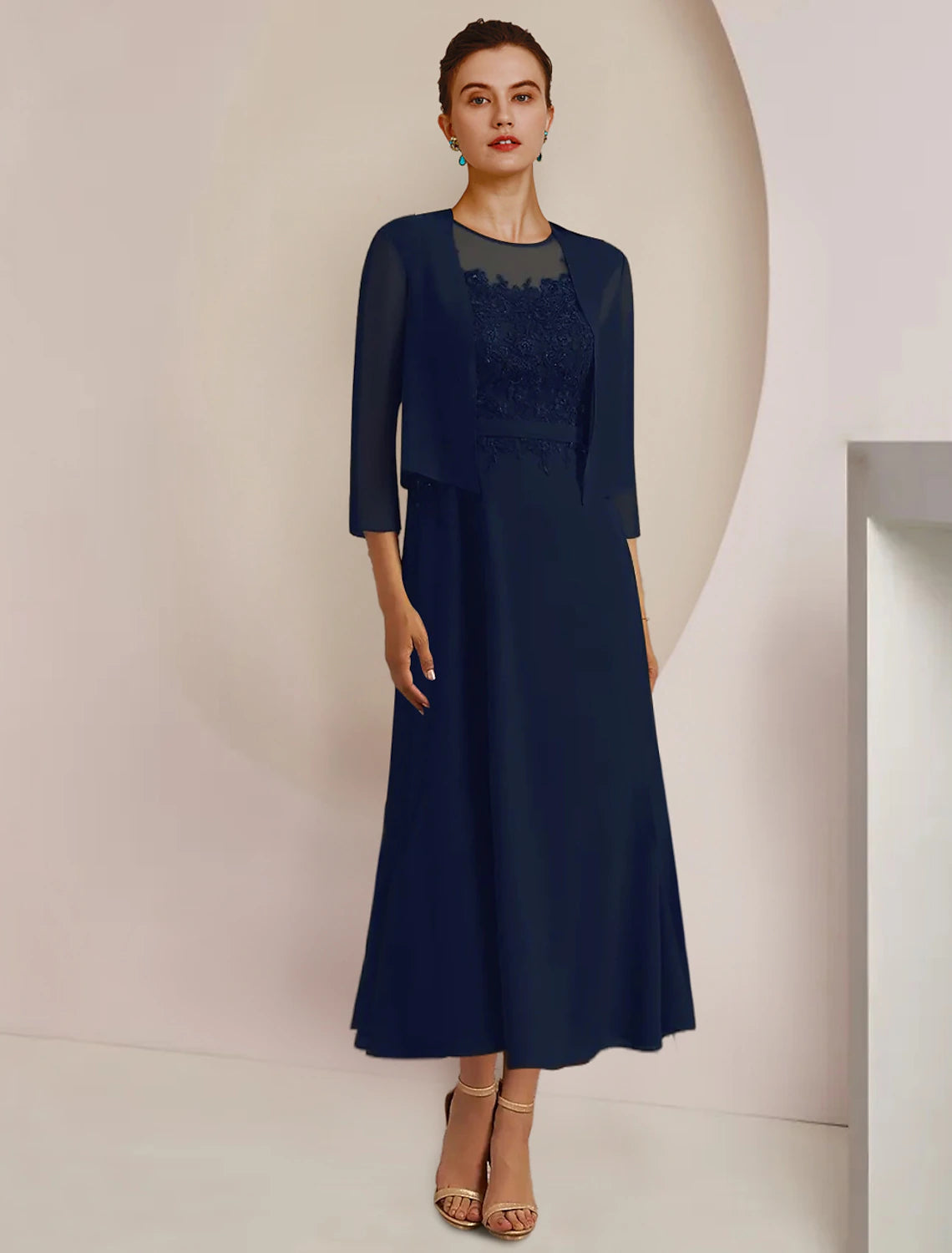 Luolandi Two Piece A-Line Mother of the Bride Dress Formal Wedding Guest Elegant Scoop Neck Tea Length Chiffon Lace 3/4 Length Sleeve Jacket Dresses with Sash