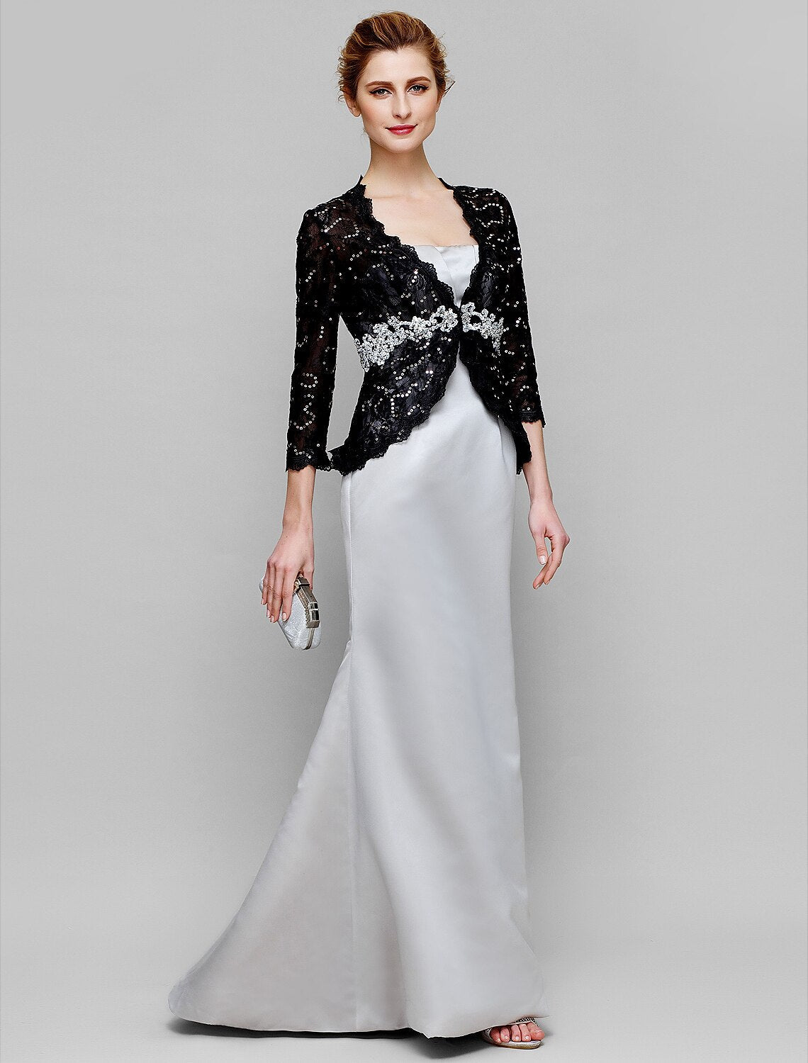 Luolandi Mermaid / Trumpet Mother of the Bride Dress Convertible Dress Strapless Floor Length Satin Lace 3/4 Length Sleeve No with Lace Beading