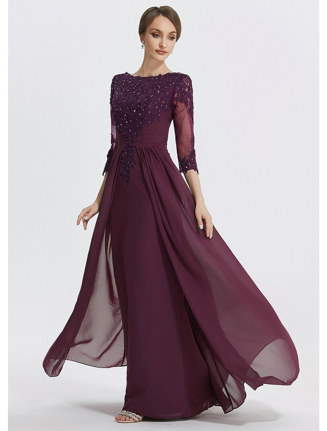 Luolandi A-Line Mother of the Bride Dress Formal Wedding Guest Elegant Jewel Neck Floor Length Chiffon Lace 3/4 Length Sleeve with Lace