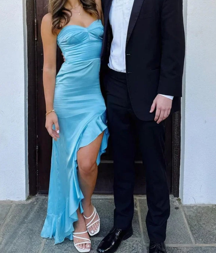 Luolandi Sexy Mermaid Ruffles Slit Long Party Prom Dress Strapless Evening Dress Simple Formal Dress