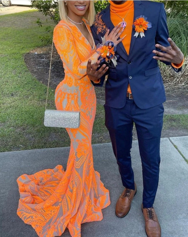 Luolandi Gorgeous Mermaid V Neck Orange Sparkle Prom Dress Floor Length Long Sleeves Evening Dress