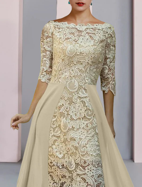 Luolandi Sheath / Column Mother of the Bride Dress Formal Wedding Guest Elegant Scoop Neck Knee Length Chiffon Lace Half Sleeve with Appliques Champagne