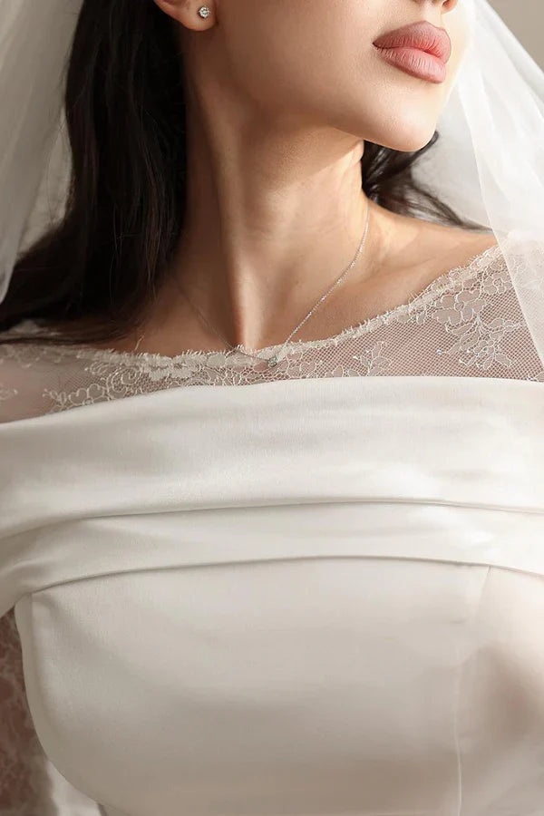 Luolandi Long lace sleeve pleated beach wedding dress Floor Length Without Headscarf