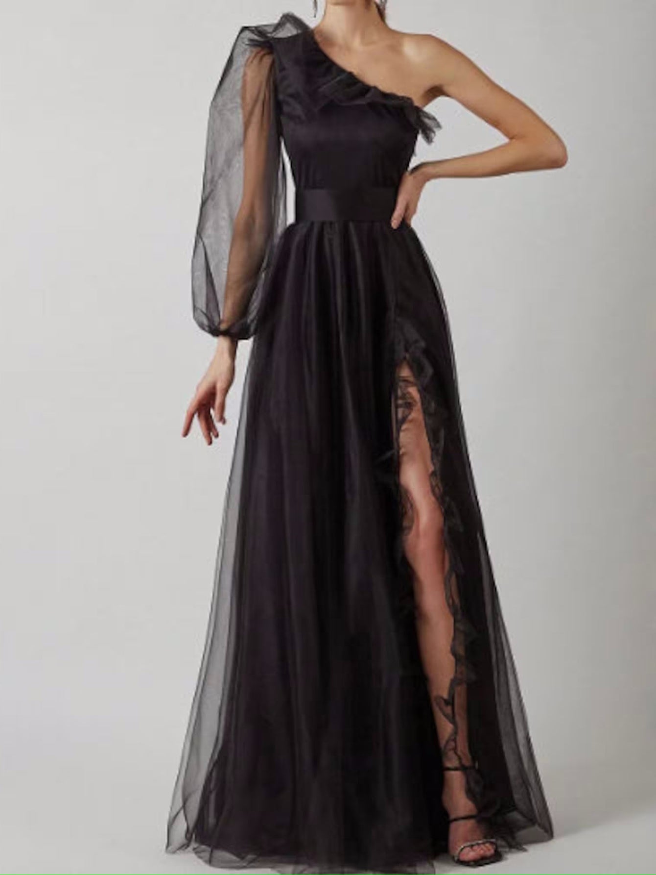 Luolandi One Shoulder Black Tulle A Line Long Prom Dress With Slit Sexy Evening Dress