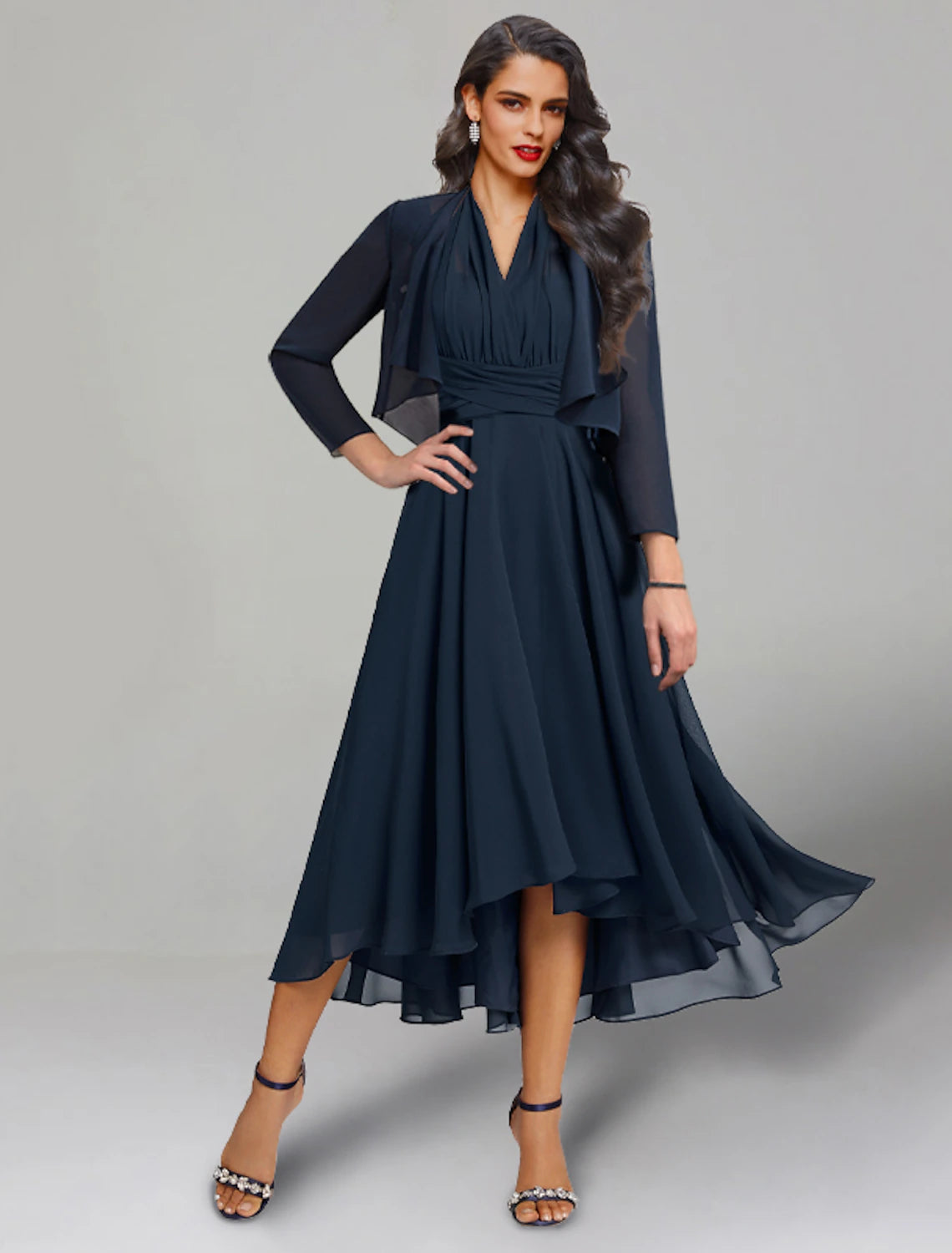 Luolandi Two Piece A-Line Wedding Guest Dresses Elegant Dress Cocktail Party Tea Length 3/4 Length Sleeve V Neck Convertible Chiffon