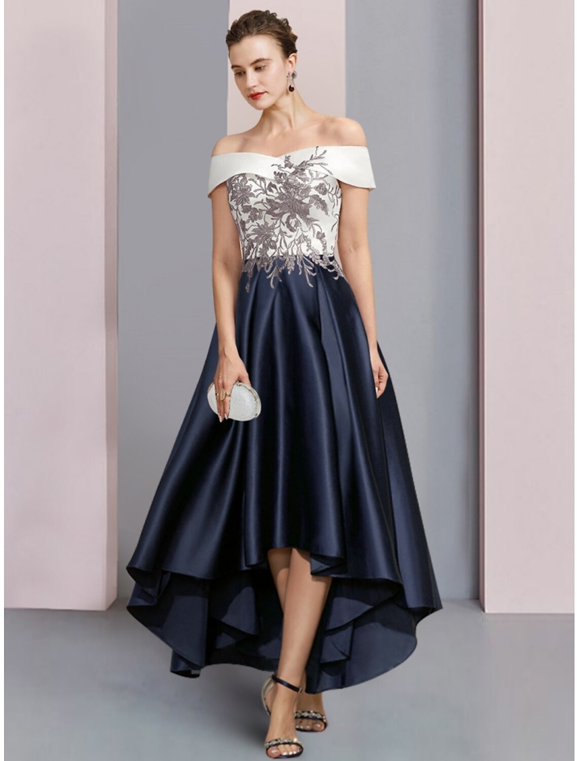 Luolandi A-Line Mother of the Bride Dress Wedding Guest Elegant Off Shoulder Asymmetrical Ankle Length Satin Lace Short Sleeve